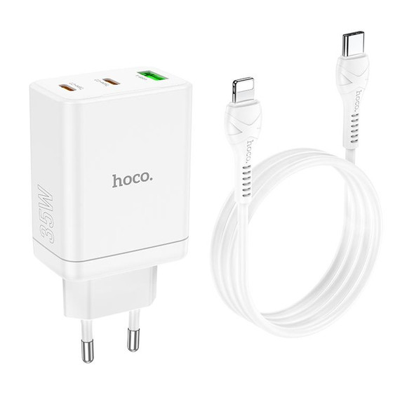 hoco N33 Start PD35W Dual Type-C + USB Charger with Type-C to 8 Pin Cable, EU Plug(White)