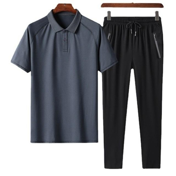 2 In 1 Summer Breathable Ice Silk Polo Shirt Raglan Short-sleeved T-shirt + Trousers Loose Casual Sports Suit - Middle-aged And Elderly Men (Color:8792 Dark Blue Size:XXXL)