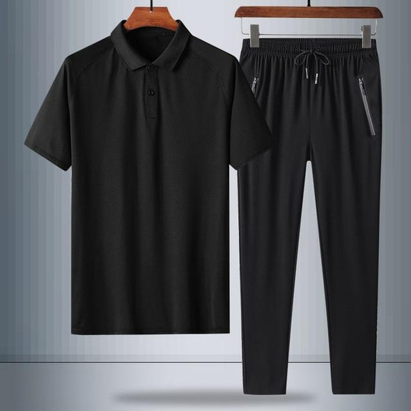 2 In 1 Summer Breathable Ice Silk Polo Shirt Raglan Short-sleeved T-shirt + Trousers Loose Casual Sports Suit - Middle-aged And Elderly Men (Color:8792 Black Size:L)
