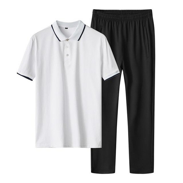 2 in 1 Summer Ice Silk Polo Shirt Two-color Stitching Short-sleeved T-shirt + Trousers Casual Sports Suit for Middle-aged And Elderly Men (Color:White Size:XXXL)