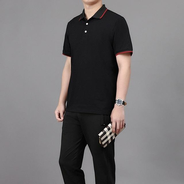 2 in 1 Summer Ice Silk Polo Shirt Two-color Stitching Short-sleeved T-shirt + Trousers Casual Sports Suit for Middle-aged And Elderly Men (Color:Black Size:XXXXL)