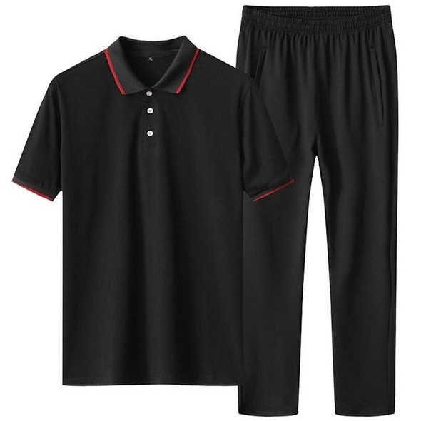 2 in 1 Summer Ice Silk Polo Shirt Two-color Stitching Short-sleeved T-shirt + Trousers Casual Sports Suit for Middle-aged And Elderly Men (Color:Black Size:L)