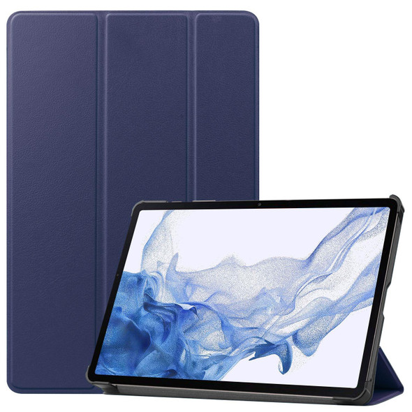For Samsung Galaxy Tab S9 Custer Pure Color 3-Fold Holder Smart Leatherette Tablet Case(Dark Blue)