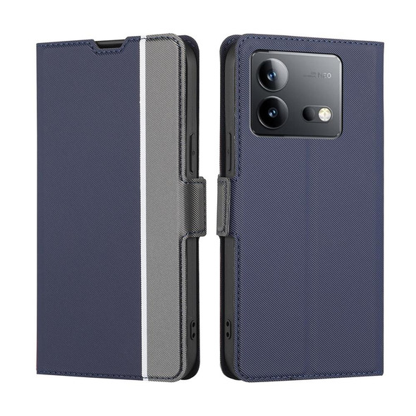 For vivo iQOO Neo 8 5G / 8 Pro 5G Twill Texture Side Button Leatherette Phone Case(Blue)