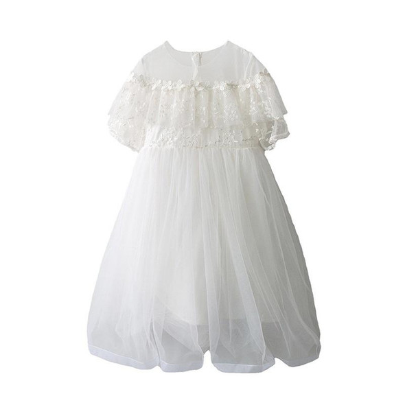 Girls Embroidered Lace Mesh Princess Dress (Color:White Size:110cm)