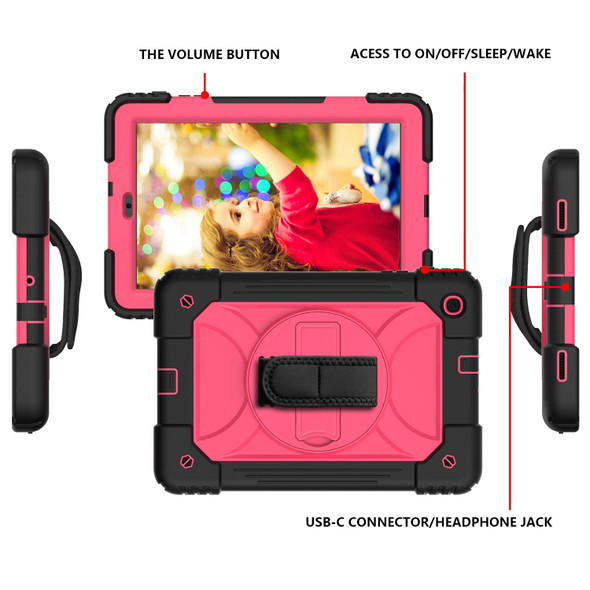Samsung Galaxy Tab A 10.1 (2019) T510/T515 Shockproof PC + Silicone Combination Case with Holder & Hand Strap & Shoulder Strap(Black + Rose Red)