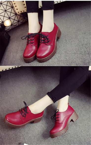 Round Head Thick Heel College Wind Style Microfiber Leather Shoes Casual Shoes for Women (Color:Red Size:39)