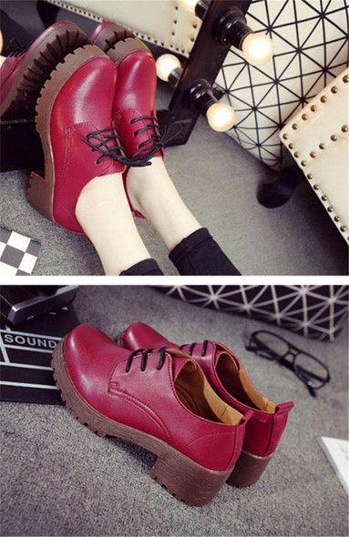 Round Head Thick Heel College Wind Style Microfiber Leather Shoes Casual Shoes for Women (Color:Red Size:34)