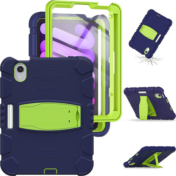 3-Layer Protection Screen Frame + PC + Silicone Shockproof Combination Tablet Case with Holder - iPad mini 6(NavyBlue+Lime)