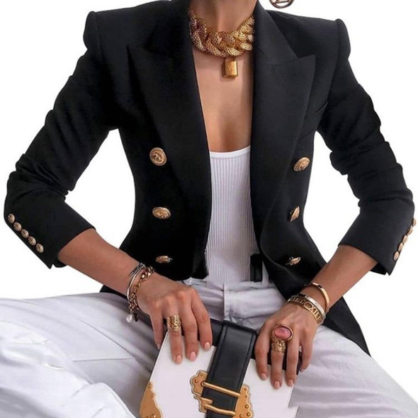 Solid Color Slim Long-sleeved Cardigan Short Suit Jacket for Ladies (Color:Black Size:M) - Open Box (Grade A)