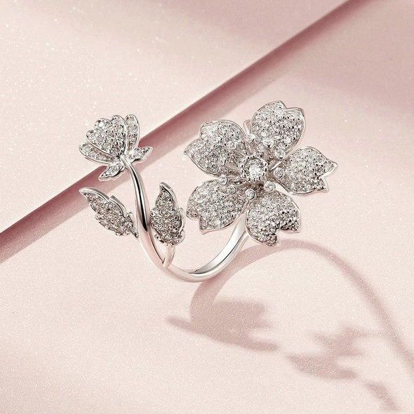 BSR076 Sterling Silver S925 White Gold Plated Zircon Cherry Blossom Open Adjustable Ring