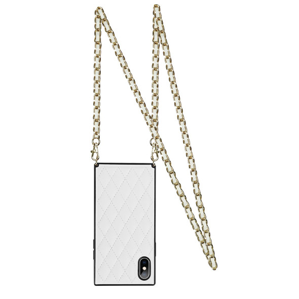 Elegant Rhombic Pattern Microfiber Leatherette +TPU Shockproof Case with Crossbody Strap Chain - iPhone X / XS(White)