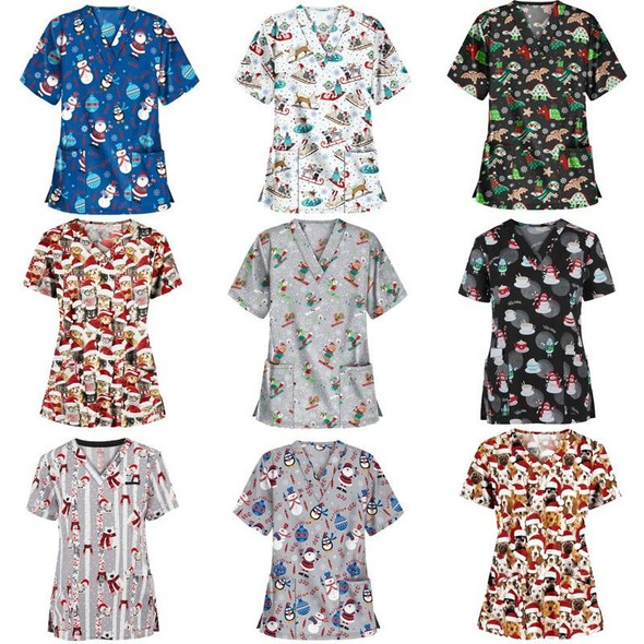 Christmas Print Short-sleeved Pocket T-shirt Nurse Uniform (Color:1 Size:S)