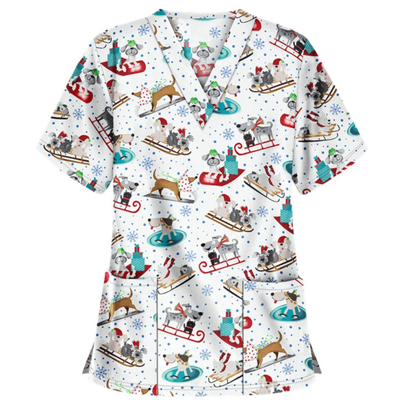 Christmas Print Short-sleeved Pocket T-shirt Nurse Uniform (Color:2 Size:M)