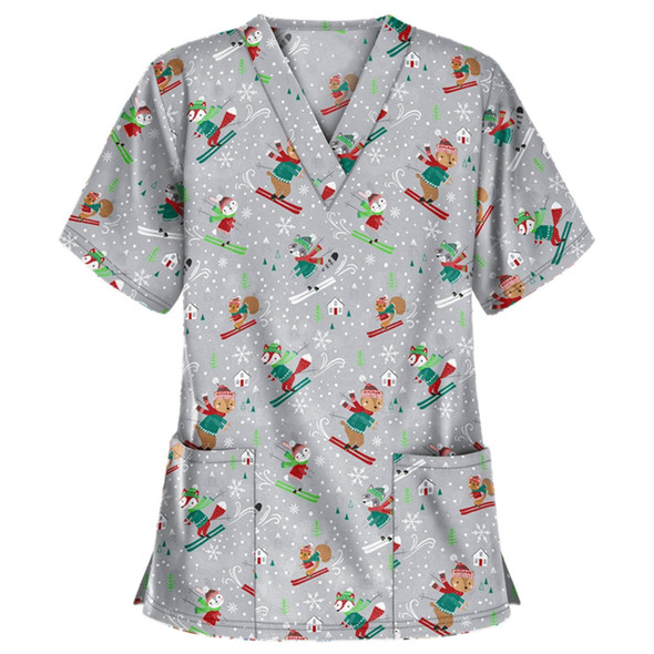 Christmas Print Short-sleeved Pocket T-shirt Nurse Uniform (Color:5 Size:XXXL)