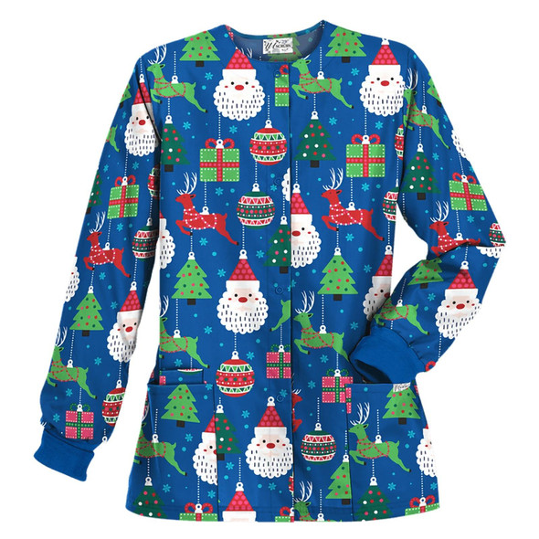 Christmas Long-sleeved Stand-up Collar Single-breasted Printed Protective Work Clothes (Color:Blue Snowman Size:L)