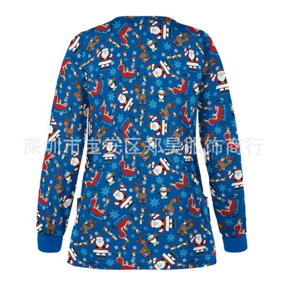 Christmas Long-sleeved Stand-up Collar Single-breasted Printed Protective Work Clothes (Color:Dark Blue Size:XL)