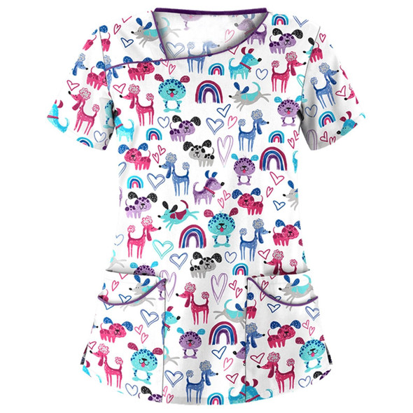 Printed Round Neck Slim-fit Nurse Uniform T-shirt (Color:White Size:XL)