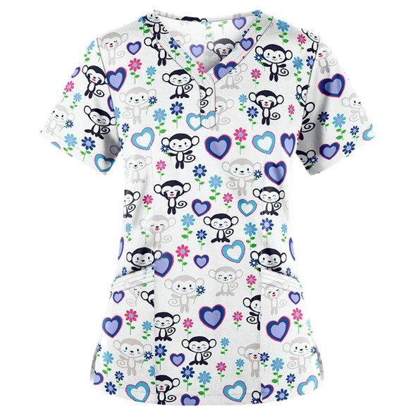 Loose Printed Hedging Thin T-shirt Nurse Uniform (Color:White Size:S)