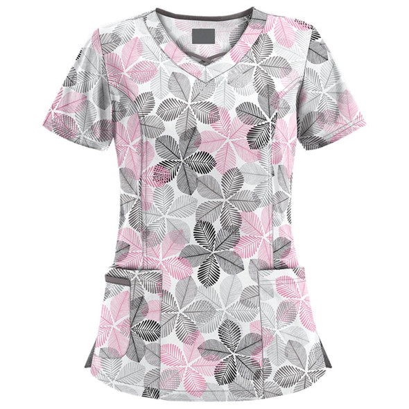 Mid-length Slim-fitting Printed Pullover Nurse Uniform V-neck T-shirt (Color:Pink Size:XXXL)