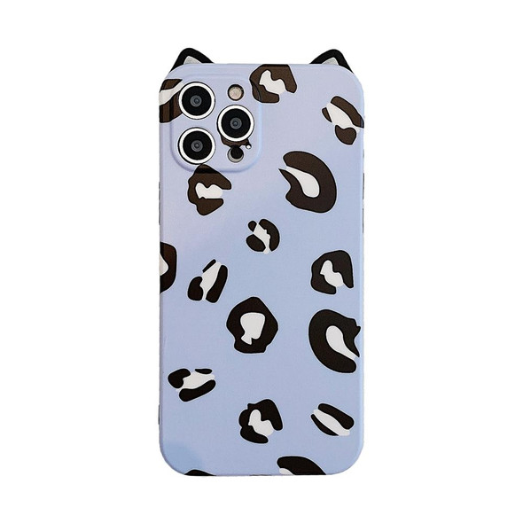 Cat Ear Leopard Print TPU Straight Edge Protective Case with Lanyard - iPhone 12 Pro(Blue Purple)