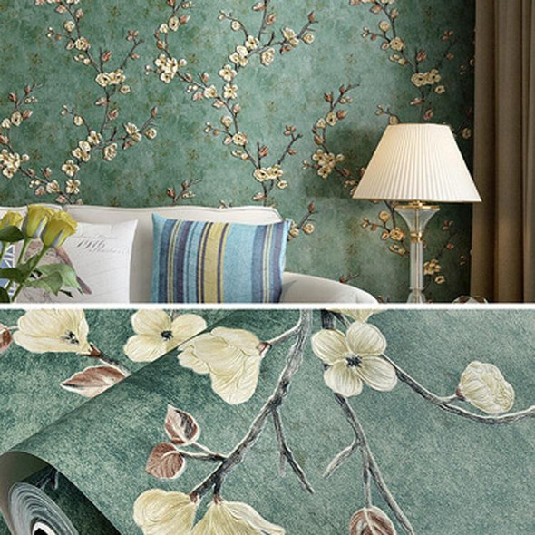 0.53x3m Retro 3D Stereo Plum Blossom Wallpaper Bedroom Living Room TV Background Wall Self-Adhesive Wallpaper(8804-6 Dark Green A Version)