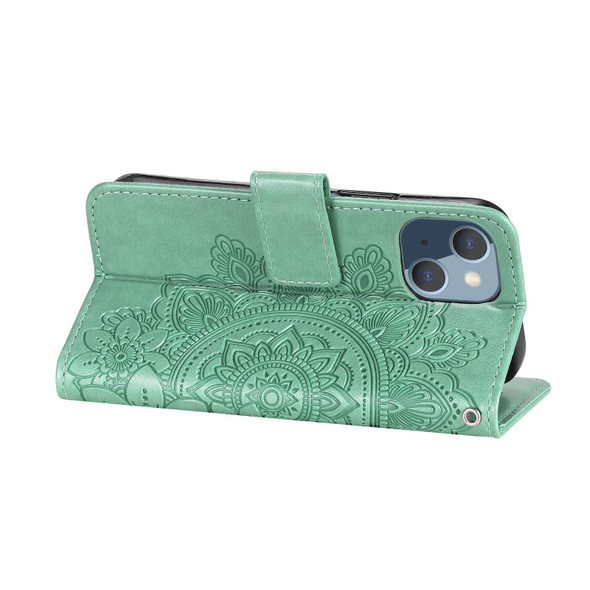 7-petal Flowers Embossing Pattern Horizontal Flip PU Leatherette Case with Holder & Card Slots & Wallet & Photo Frame - iPhone 13 Mini(Green)