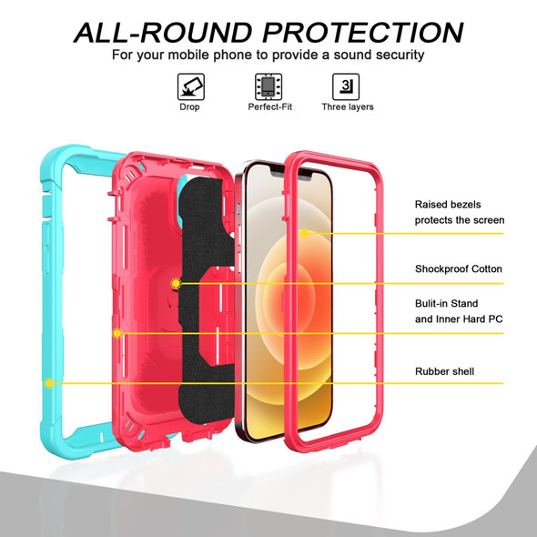 PC + Rubber 3-layers Shockproof Protective Case with Rotating Holder - iPhone 12 Mini(Mint Green + Rose Red)