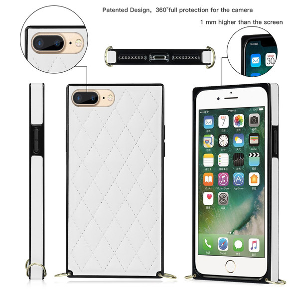 Elegant Rhombic Pattern Microfiber Leatherette +TPU Shockproof Case with Crossbody Strap Chain - iPhone SE 2022 / SE 2020 / 8 / 7(White)