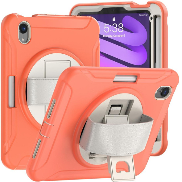 360 Degree Rotation PC + TPU Protective Tablet Case with Holder & Hand-strap - iPad mini 6(Coral Orange)