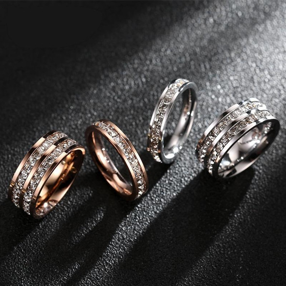 2 PCS Girls Simple Titanium Steel Diamond Ring, Size: US Size 9(Single Row Rose Gold)