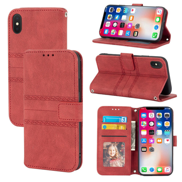 Embossed Striped Magnetic Buckle PU + TPU Horizontal Flip Leatherette Case with Holder & Card Slot & Wallet & Photo Frame & Sling - iPhone XR(Red)