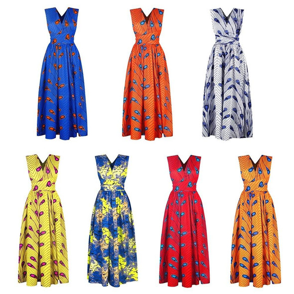 Ladies Feather Print Lace Slit Dress (Color:80212007 Size:L)