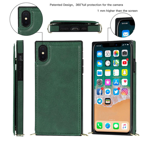 Cross-body Square Double Buckle Flip Card Bag TPU+PU Case with Card Slots & Wallet & Photo & Strap - iPhone XS / X(Green)