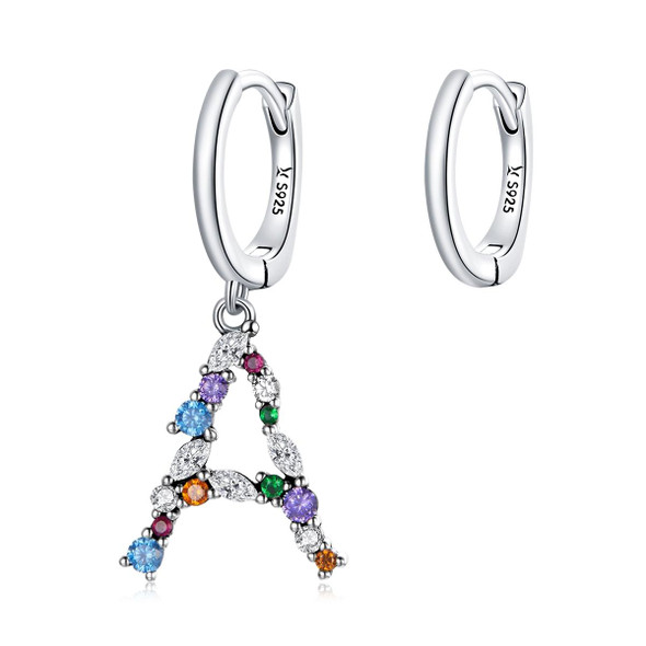 S925 Sterling Silver Colorful Zircon Letters A Asymmetry Women Earrings