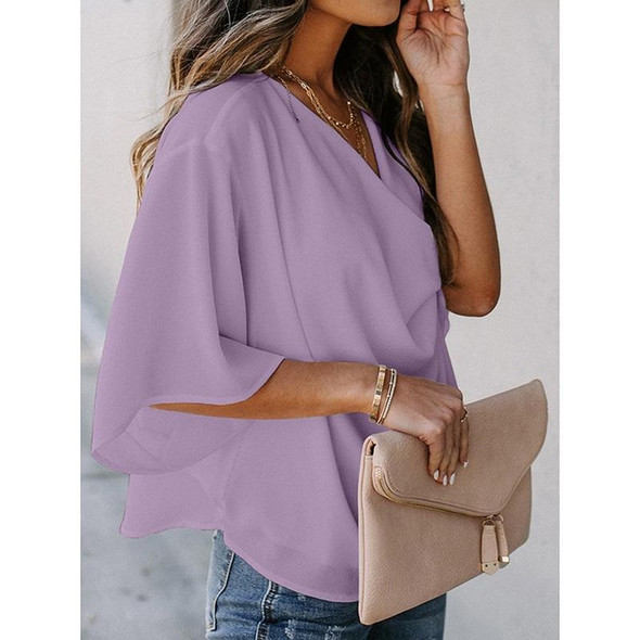 Solid Color Loose V-neck Bat Sleeve Short-sleeved T-shirt - Women (Color:Turmeric Size:L)
