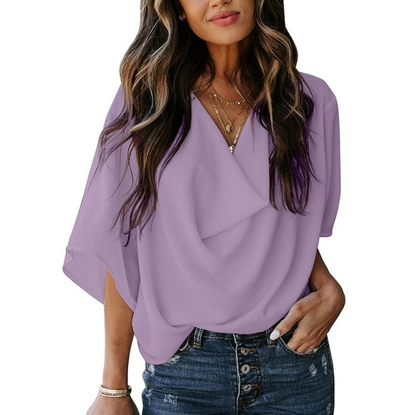 Solid Color Loose V-neck Bat Sleeve Short-sleeved T-shirt - Women (Color:Purple Size:L)