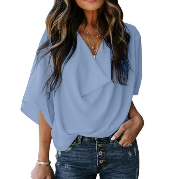Solid Color Loose V-neck Bat Sleeve Short-sleeved T-shirt - Women (Color:Light Blue Size:XL)