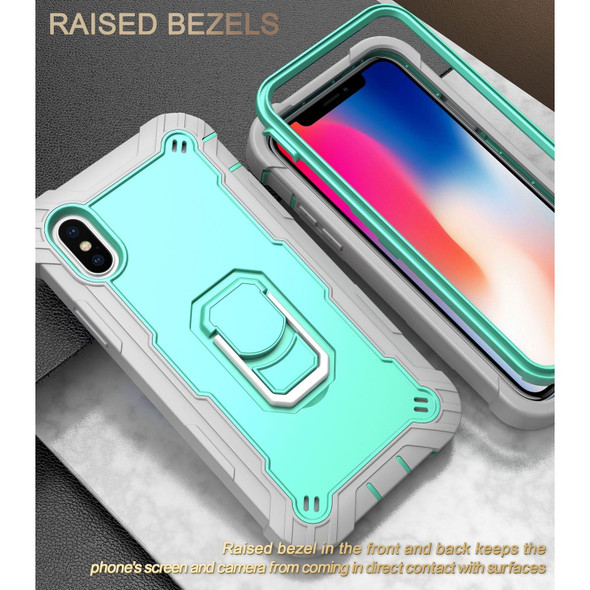 PC + Rubber 3-layers Shockproof Protective Case with Rotating Holder - iPhone XS / X(Grey White + Mint Green)