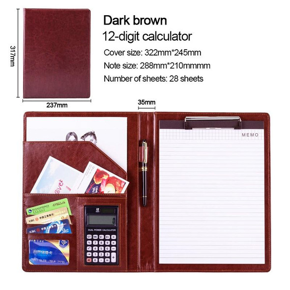 Office Supplies Business Style Leather Document Folder with 30-pages A4 Note Pad & Calculator (Dark Brown)