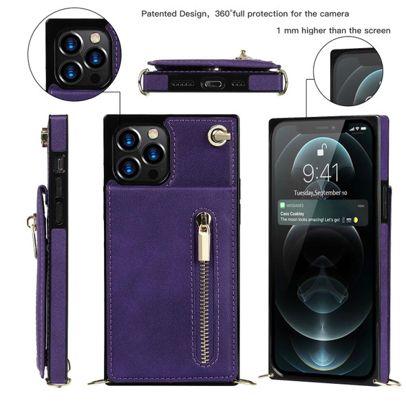 Cross-body Zipper Square TPU+PU Back Cover Case with Holder & Card Slots & Wallet & Strap - iPhone 12 Pro Max(Purple)