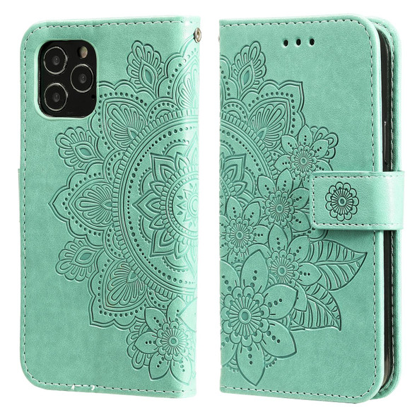 7-petal Flowers Embossing Pattern Horizontal Flip PU Leatherette Case with Holder & Card Slots & Wallet & Photo Frame - iPhone 12 / 12 Pro(Green)