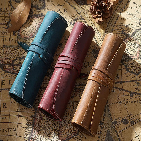 Retro First Layer Cowhide Pen Curtain Simple Literary Pencil Case Multifunctional Volume Pencil Case(Crazy Horse Skin Ink Green)