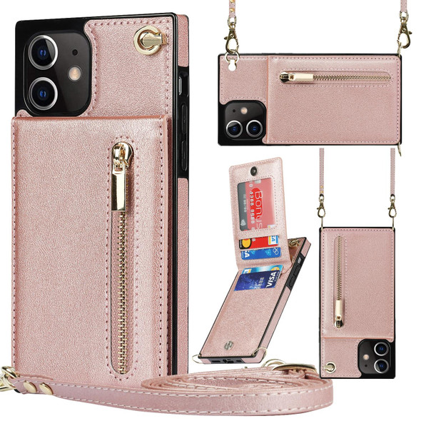 Cross-body Zipper Square TPU+PU Back Cover Case with Holder & Card Slots & Wallet & Strap - iPhone 12 / 12 Pro(Rose Gold)