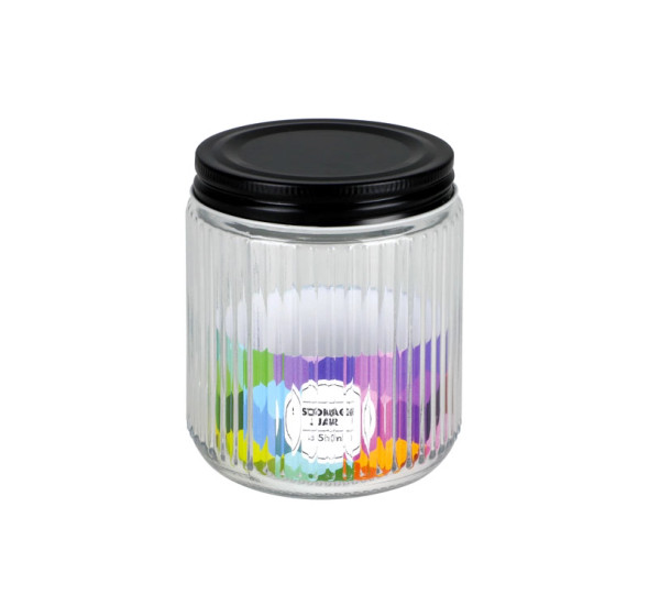 Ribbed Glass Jar With Black Lid 450ml