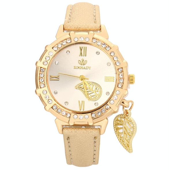 Dial Plated Diamond PU Leatherette Belt Watch with Leaf Pendant(Gold)