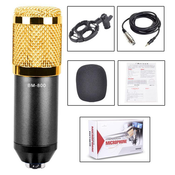 BM-800 3.5mm Studio Recording Wired Condenser Sound Microphone with Shock Mount, Compatible with PC / Mac for Live Broadcast Show, KTV, etc.(Black)