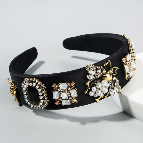 Pearl Headband With Rhinestones Bee Colorful Cloth Garland Headdress(Black)