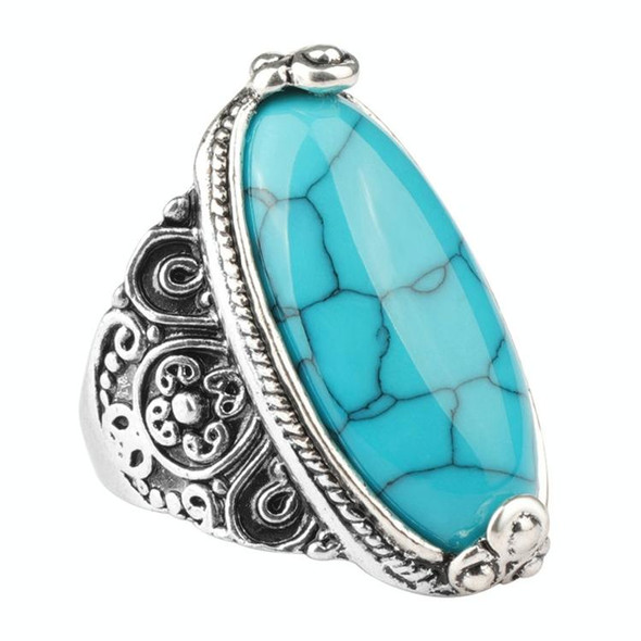 Fashion Vintage Oval Turquoise Flower Ring Women Antique Silver Jewelry, Ring Size:8(Blue)