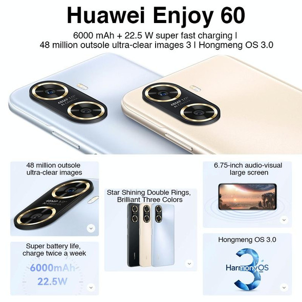 Huawei Enjoy 60 128GB MGA-AL40,  48MP Cameras, China Version, Dual Back Cameras, Face ID & Side Fingerprint Identification, 6000mAh Battery, 6.75 inch HarmonyOS 3.0 Octa Core, Network: 4G, OTG, Not Support Google Play(Gold)